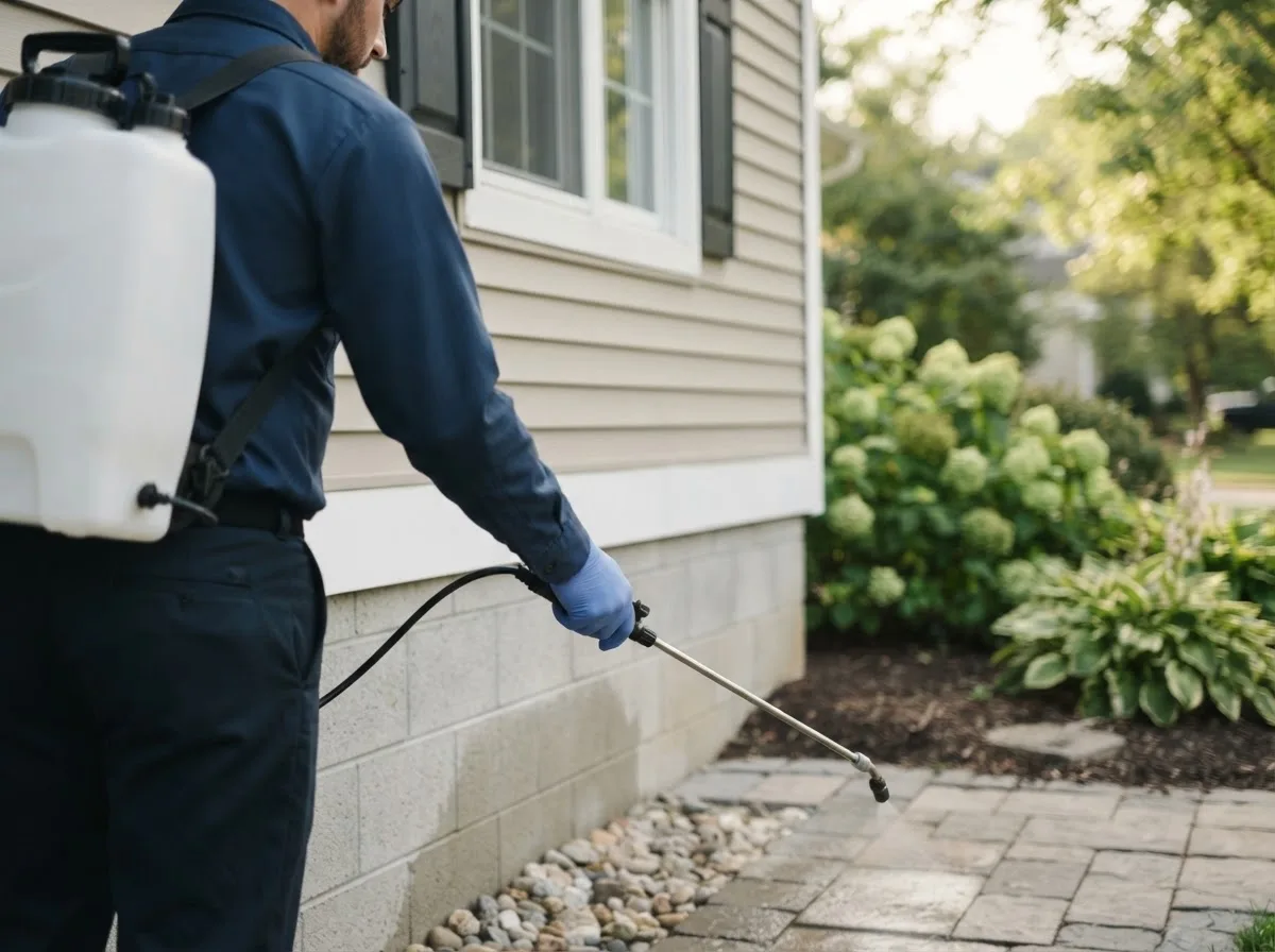 Pest control technician inspecting a home in Newtonsville, OH